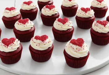 Red velvet cupcakes with heart sprinkles on frosting.