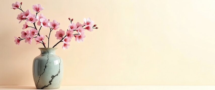 Minimalist, elegant design banner for springtime. Tall and narrow vase with random color marble pattern and cherry blossoms isolated on a side of banner with light beige color pastel background. 