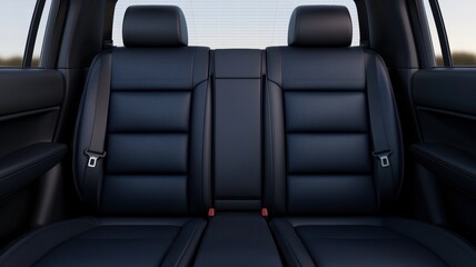 A sleek, modern car interior showcasing luxurious black leather seats with a sophisticated design and comfortable seating arrangement.