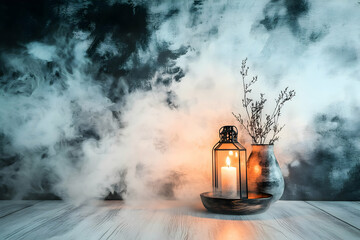 Mystic Candlelight, Lantern, Smoke, and Dried Flowers on Table