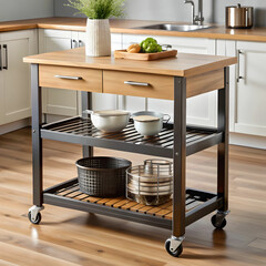 A kitchen cart with black wheels is shown, featuring a sleek design and functional storage space. The cart is isolated on a simple background, highlighting its modern style and practical features.