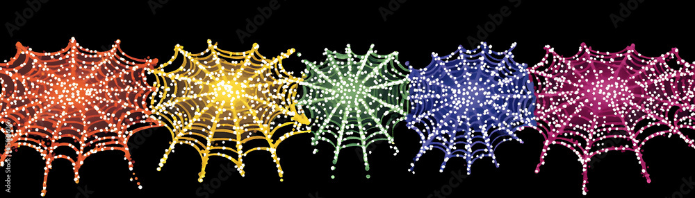 Poster colorful spiderwebs design, a festive web of intricate patterns radiating joyfully on black backgrou