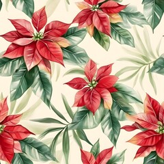 A seamless floral pattern with red and pink flowers, leaves, and vintage-style design for wallpaper or textile decoration.