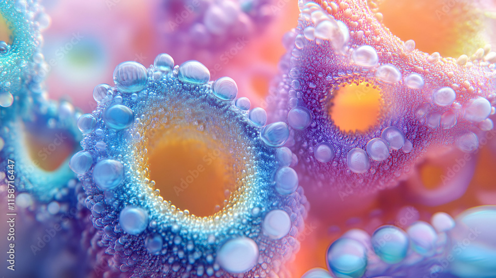 Poster vibrant abstract macro, colorful bubbles on textured surface, shimmering with iridescent hues. a cap