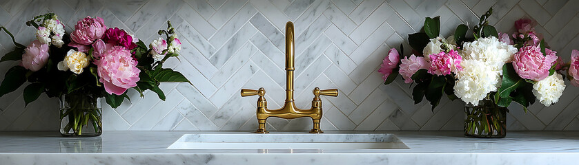 Elegant Kitchen Decor, Pink Peonies & Gold Faucet on Marble Backsplash, Enhancing Kitchen Ambiance with Floral Arrangements.