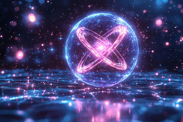 Obraz premium A glowing 3D hologram of a rotating atom with orbiting electrons, emitting soft blue and purple light, set against a clean white background to represent the essence of scientific exploration,