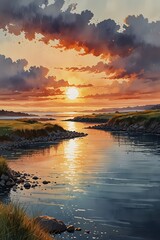 Obraz premium Sunset over the merging river and ocean in watercolor style