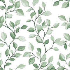Seamless pattern of sage green vines gracefully sprawled across a crisp white background