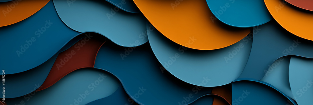 Poster abstract wavy layers, blue, orange, and brown hues create a dynamic visual composition that evokes a
