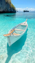 Fototapeta premium Serene Boat in Turquoise Waters, Island Paradise