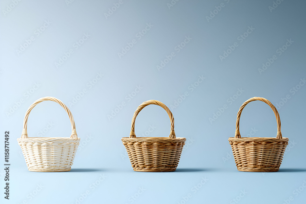 Poster three wicker baskets arranged in a row on a light blue background