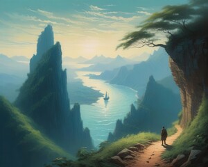A man on a mountain path looks at a flowing river and a ship sailing along it
