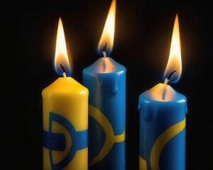 Burning blue and yellow candles on a dark background
