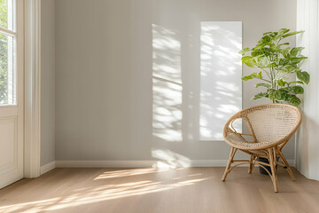 Sunlit Room with Wicker Chair & Plant, Peaceful Interior Design