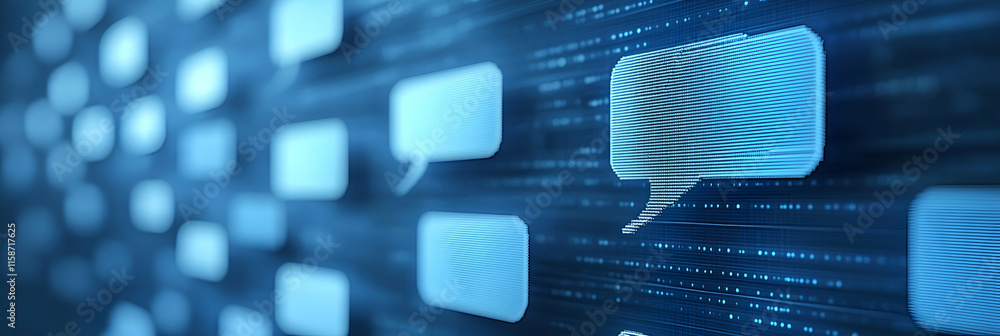 Poster digital communication, network of speech bubbles showing global connection and information sharing s