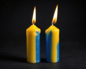 Burning blue and yellow candles on a dark background