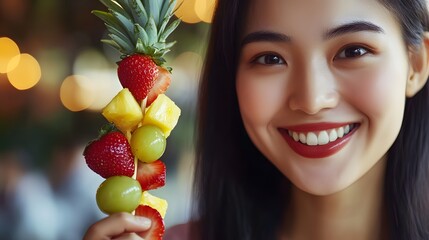 Woman smiling while holding a fruit skewer