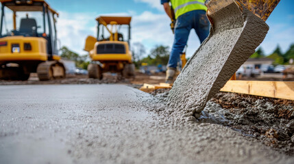 Concrete construction. Construction worker pouring concrete on a site with machinery in the background.