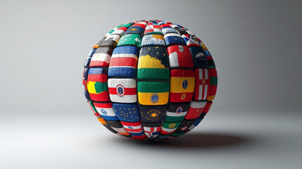 Obraz premium A dynamic 3D projection of a circle of national flags orbiting around a glowing Earth, placed on a light gray background to evoke global unity and cooperation,