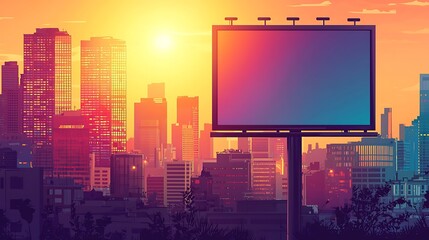 Billboard Sunset Cityscape A large, blank billboard stands tall against the backdrop of a vibrant cityscape, bathed in the warm glow of a setting sun