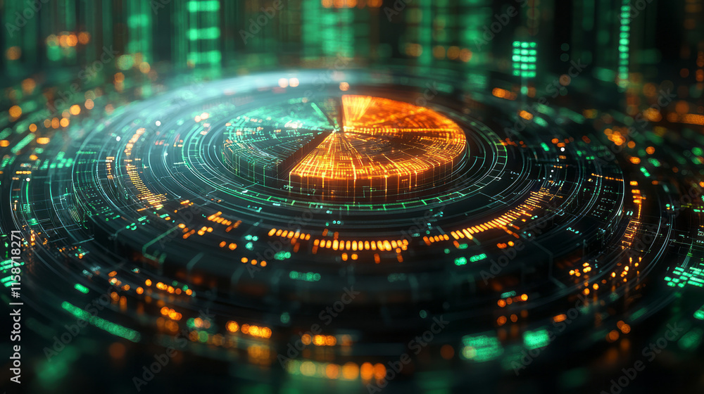 Poster a luminous hologram of a pie chart with dynamic segments lighting up, surrounded by floating data st