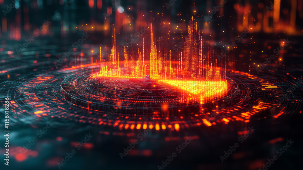 Poster A luminous hologram of a pie chart with dynamic segments lighting up, surrounded by floating data streams, positioned 