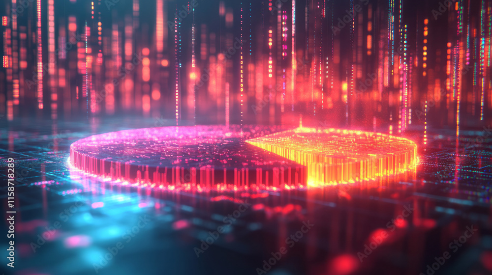 Poster A luminous hologram of a pie chart with dynamic segments lighting up, surrounded by floating data streams, 