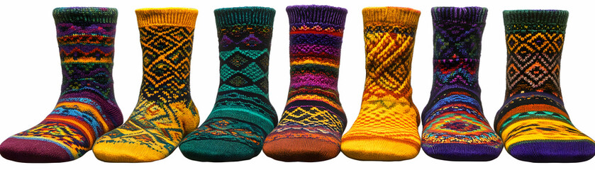 Colorful Knit Socks, A Vibrant Collection of Warmth and Style, Featuring Intricate Designs in Bold Hues.