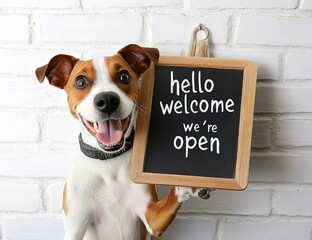 Happy dog with chalkboard with welcome text says 'hello welcome we&rsquo;re open' against white brick outdoor wall