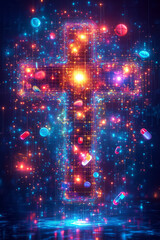 Fototapeta premium A futuristic holographic projection of a medical cross with floating icons of pills, a stethoscope, and a syringe orbiting around it, 