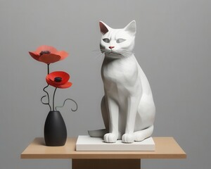 Polygonal white cat and red flowers in a vase on the table