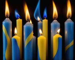Burning blue and yellow candles on a dark background