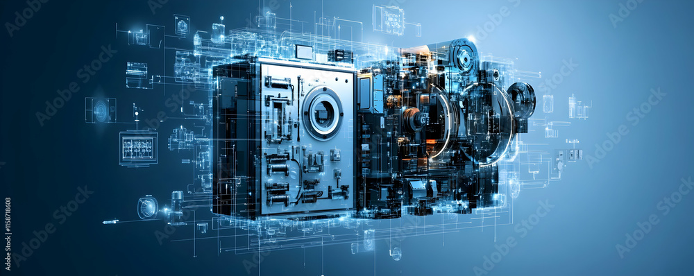 Poster complex machine engineering, a detailed view of interconnected components and systems, showcasing pr