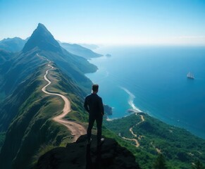 A man stands on a mountain and looks down at the water and the path leading to the top