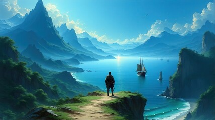 A man stands on a mountain and looks down at a ship floating on the water.