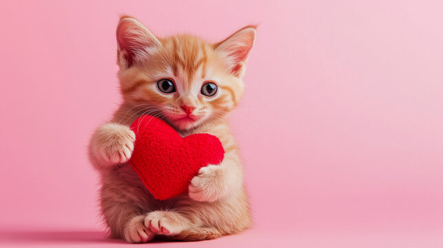 Ginger kitten hugging toy red heart. Cute cat on pink background. Valentine's Day love concept. advertisement, billboard for animal shelter, veterinary clinic