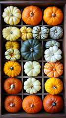 Autumn Gourds and Pumpkins in Wooden Crate, a Colorful Harvest Display of Various Fall Vegetables, Arranged Beautifully for Thanksgiving or Fall Decoration.