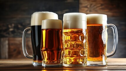 Four glassed of beer on wooden background