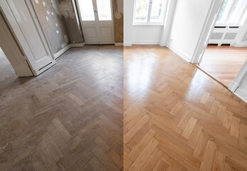 Wooden floor, parquet flooring before and after renovation