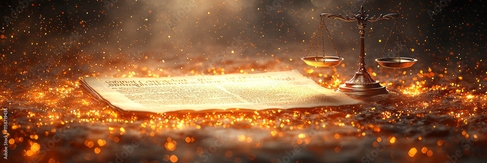 Poster a luminous hologram of a constitution scroll with highlighted text, paired with a balance scale hove