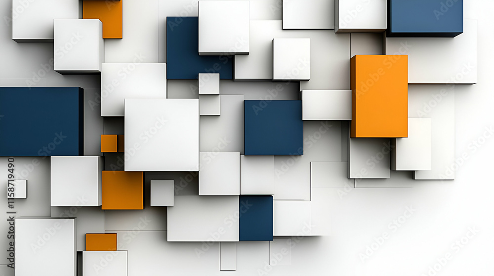 Aufkleber abstract geometric cube composition, white, orange, and blue cubes interlock in a dynamic pattern, c