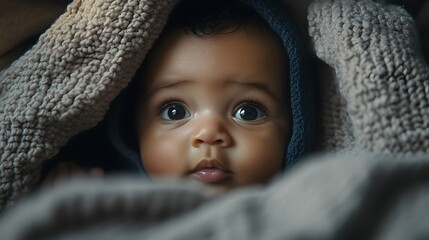 beautiful baby looking out from under blanket