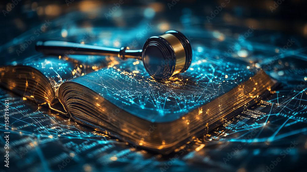 Poster a dynamic 3d hologram of interconnected law books forming a circle, with glowing lines linking them 