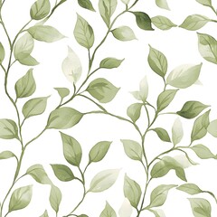 Seamless pattern of sage green vines gracefully sprawled across a crisp white background