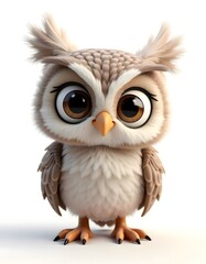 Naklejka premium Adorable Baby Owl 3D Render Large Eyes Fluffy Feathers White Background
