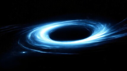 A cosmic black hole at the center of a galaxy, surrounded by a spiral of stars, swirling nebula, and blue light, representing the vastness and mystique of deep space and astronomical phenomena.