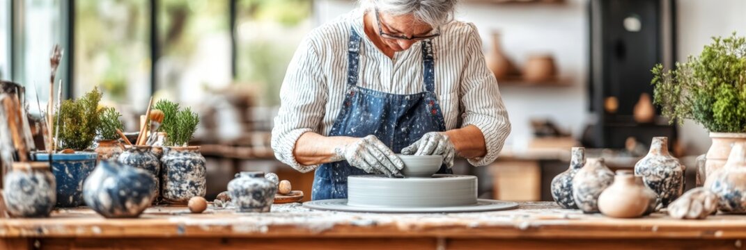 Skilled Senior Woman Shaping Clay on Pottery Wheel in Workshop Surrounded by Handcrafted Ceramics