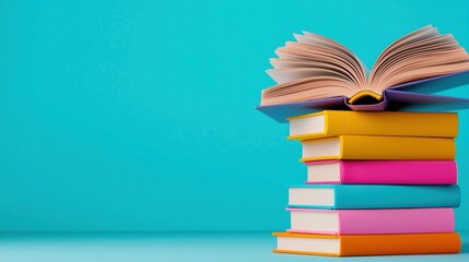 Fototapeta premium A colorful stack of books with one open, set against a bright turquoise background, creating a vibrant and inviting atmosphere for readers.