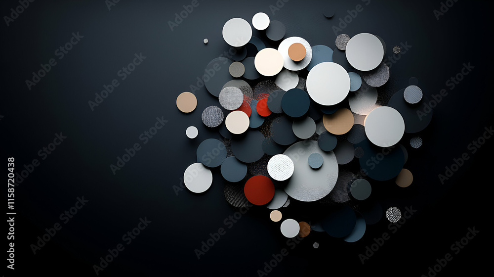 Aufkleber abstract circular composition, diverse shapes intersect harmoniously on dark background, creating a 