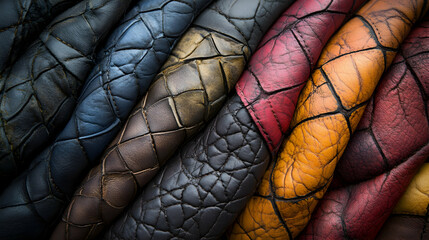 Luxury Leather Textures, A Colorful Array of Hides, Showing Diverse Patterns and Rich Tones, Carefully Arranged for Textural Appeal.